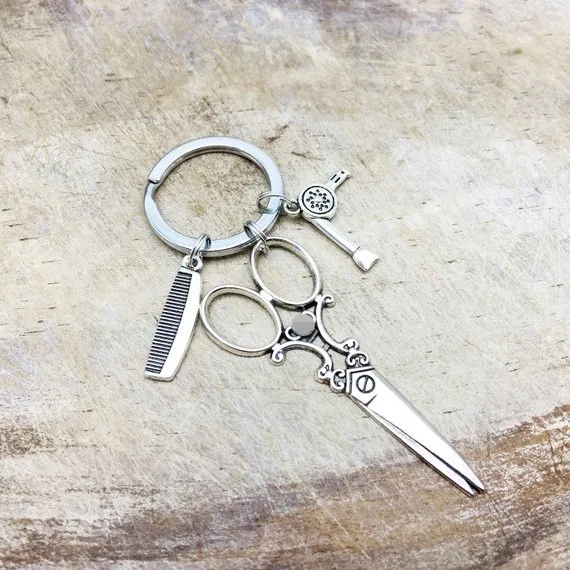 

New Fashion Men Keychain DIY Metal Holder Key Chain Vintage Barber Scissor Comb Stylist Silver Color Pendant Gift Keyring