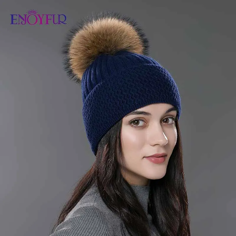 Женская шапка с помпоном ENJOYFUR, зимняя белая шапка-бини из шерсти и хлопка, с помпоном из натурального меха
