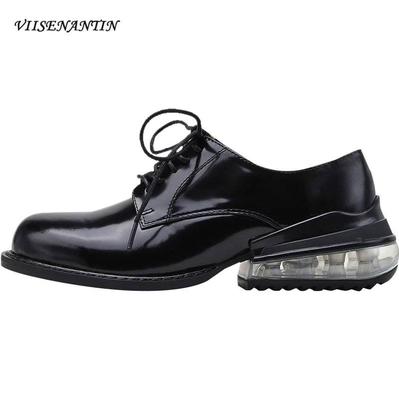 

Черные маленькие кожаные женские туфли на воздушной подушке, новинка, кожаные универсальные брендовые туфли в британском стиле на толстом ...