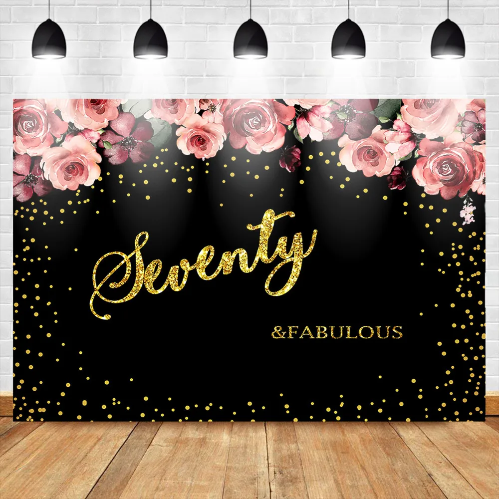 

Mehofoto Seventy Birthday Party Background Black Backdrop Folral Gold Dots Adorn The Background for Photographic