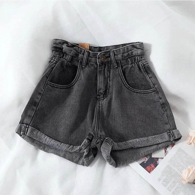 

Women Denim Shorts Curled Elastic Waist Basic Solid Zipper Pocket Female Short Jeans Tide Summer Fashion Casual Ladie Bottom