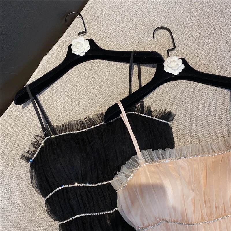 2021 Spring New Fashionable Sweet Handmade Rhinestone Sexy Tube Top Mesh Camisole Top Korean Tank Top