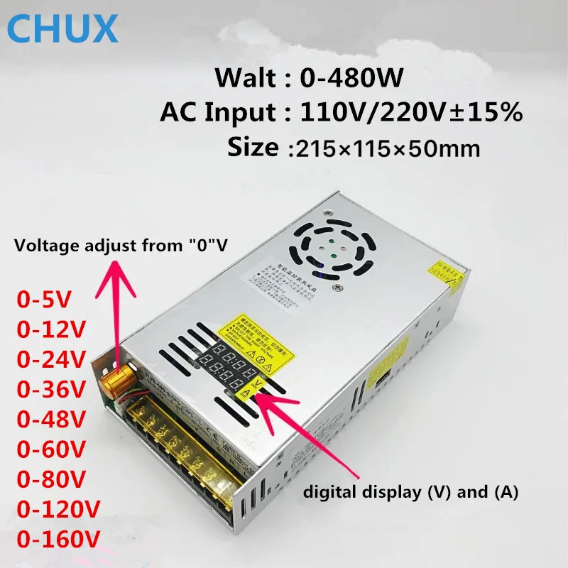Импульсный источник питания CHUX 480 Вт 5 В 12 24 36 48 60 в 160 регулируемый дисплей