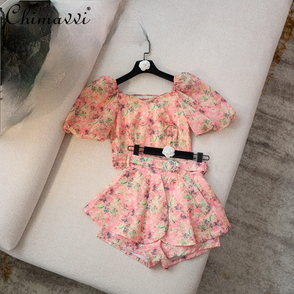 

2021 Summer Kawaii Girl New Short Puff Sleeve Backless Floral Print Short Top High Waist Mesh Shorts Two Piece Suit