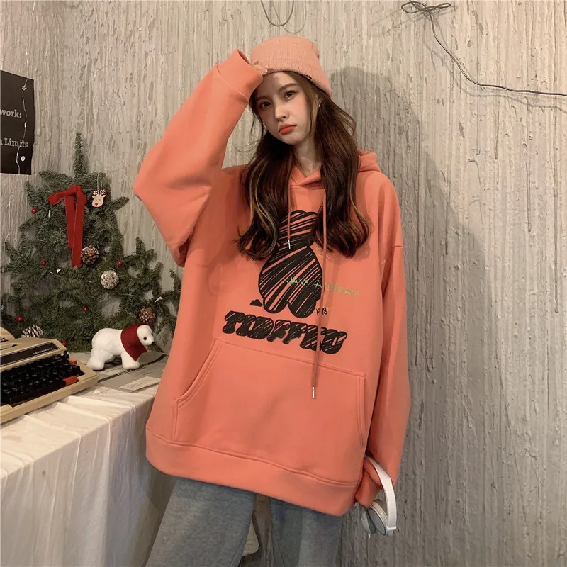 

Winter Women's Casual Hoodie Cartoon Cute Bear Pattern Sweatshirt Plus Pocket Wool Top Fashion Women's Loose