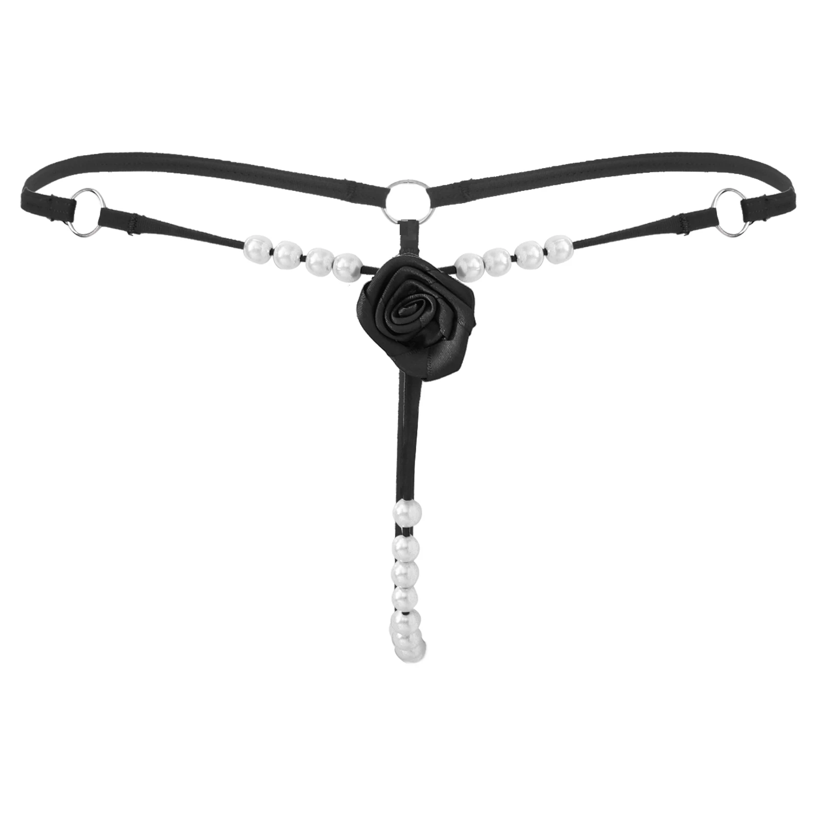 

Sexy Thongs Rose Flower Pearl G-strings Womens Elastic Waistband panties Crotchless Open Butt T-back Underwear Female Lingerie