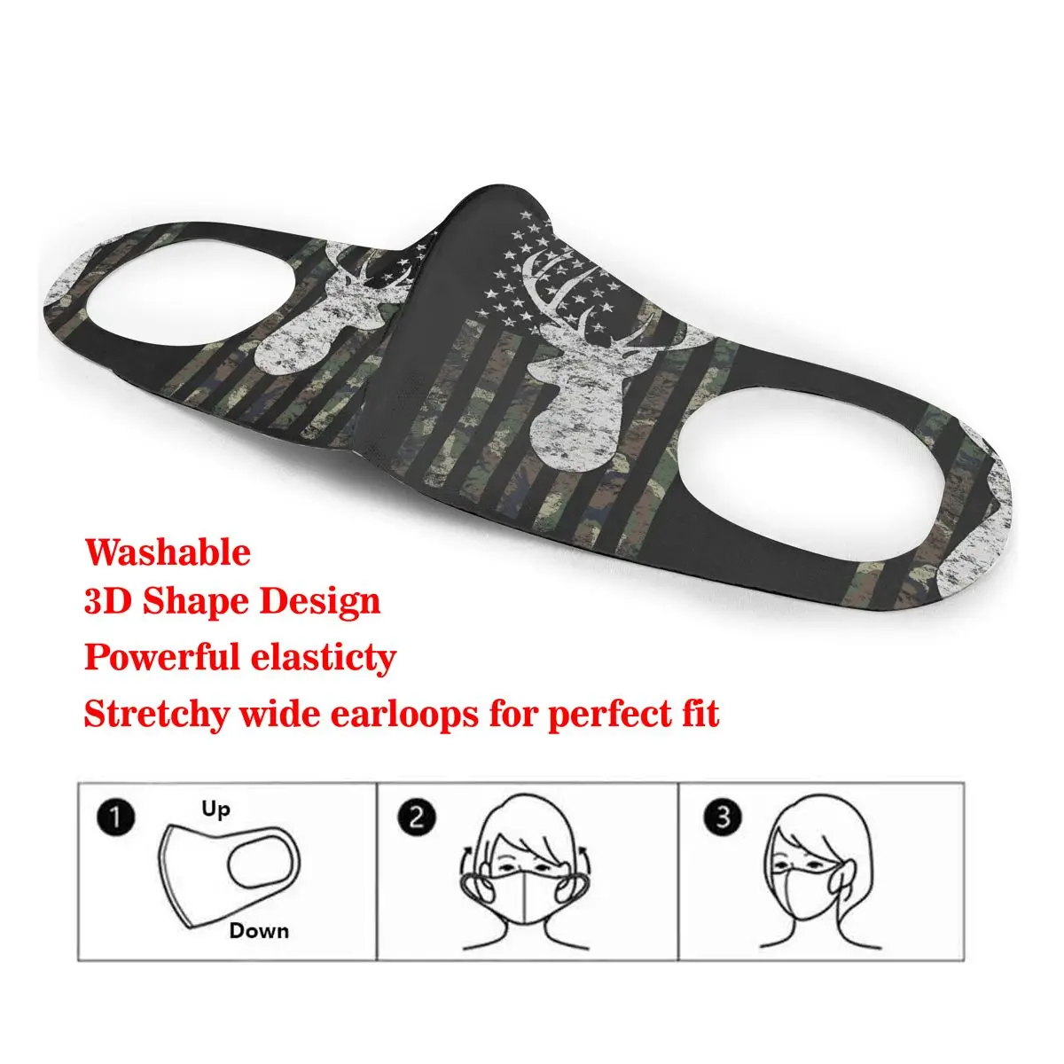 

Deer Hunting Camo American Flag Print Dust Mask Mouth-Muffle Washable Fabric Adult Protective Face Windproof