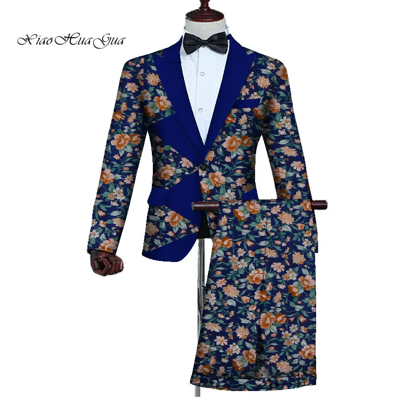 2 Pieces Blazer and Pants Set Mens African Clothing Ankara Clothes Bazin Riche African Wax Print Top Suits and Pants Sets WYN727