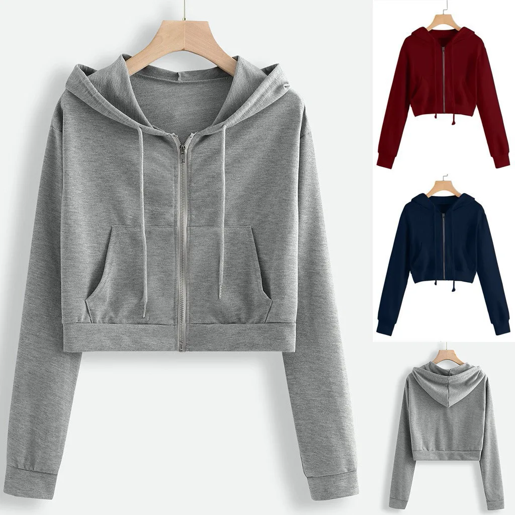 

Fashion Short Hoodies Women Solid Zip-up Sweatshirt Tracksuit Long Sleeve Female Crop Top 2021 Fashion Korean Clothing Harajuku