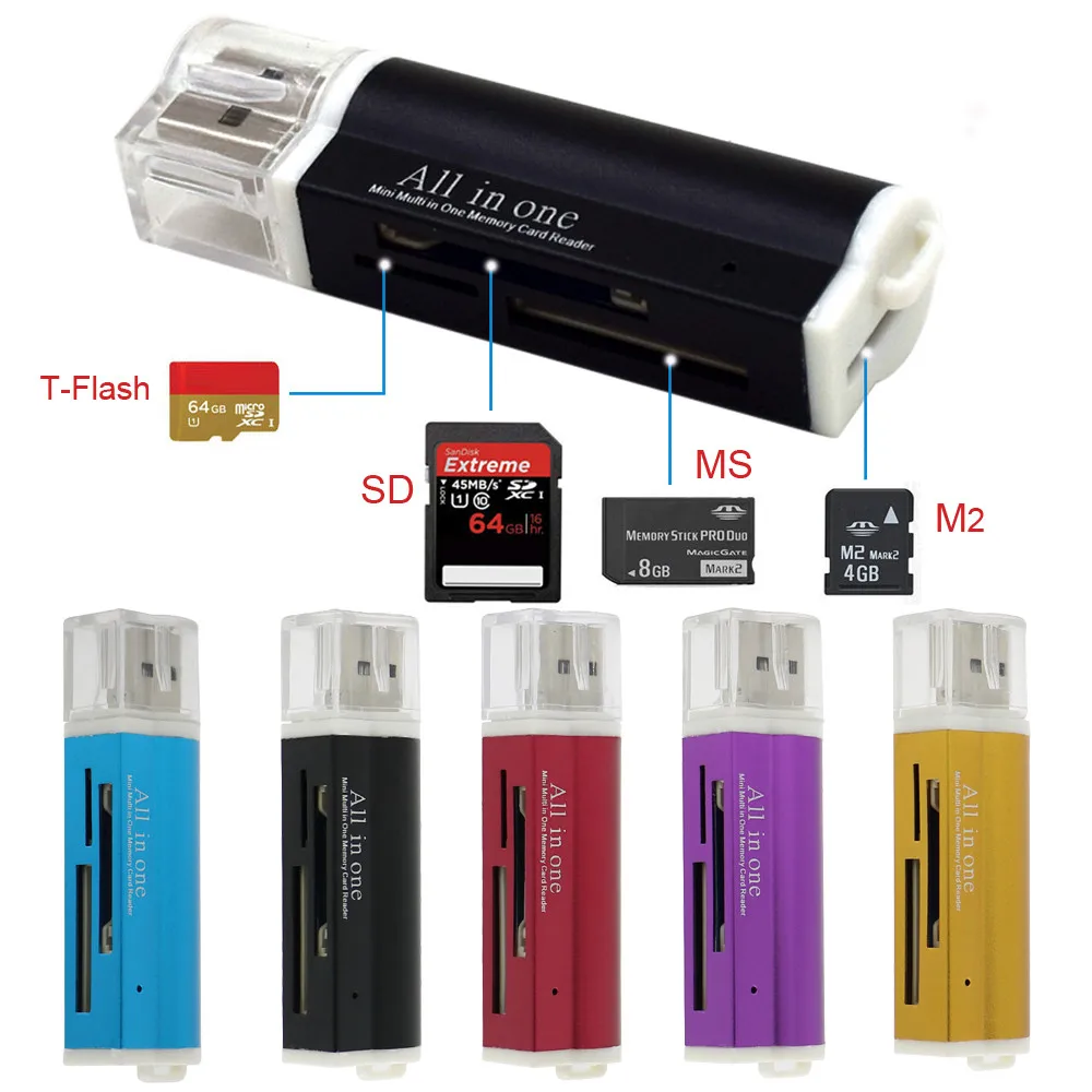 1000PCSFactory price Hot Sellling for Micro SD SDHC TF M2 MMC MS PRO DUO All in 1 USB 2.0 Multi Memory Card Reader Drop Shipping | Мобильные