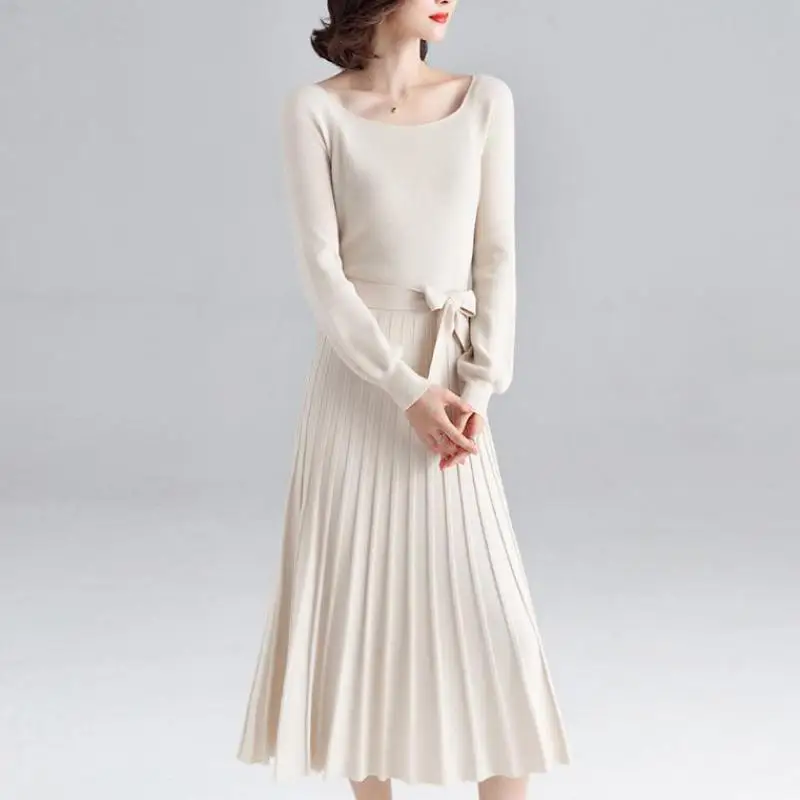 Осень зима 2019 модное трикотажное платье с круглым вырезом 4 однотонных цвета