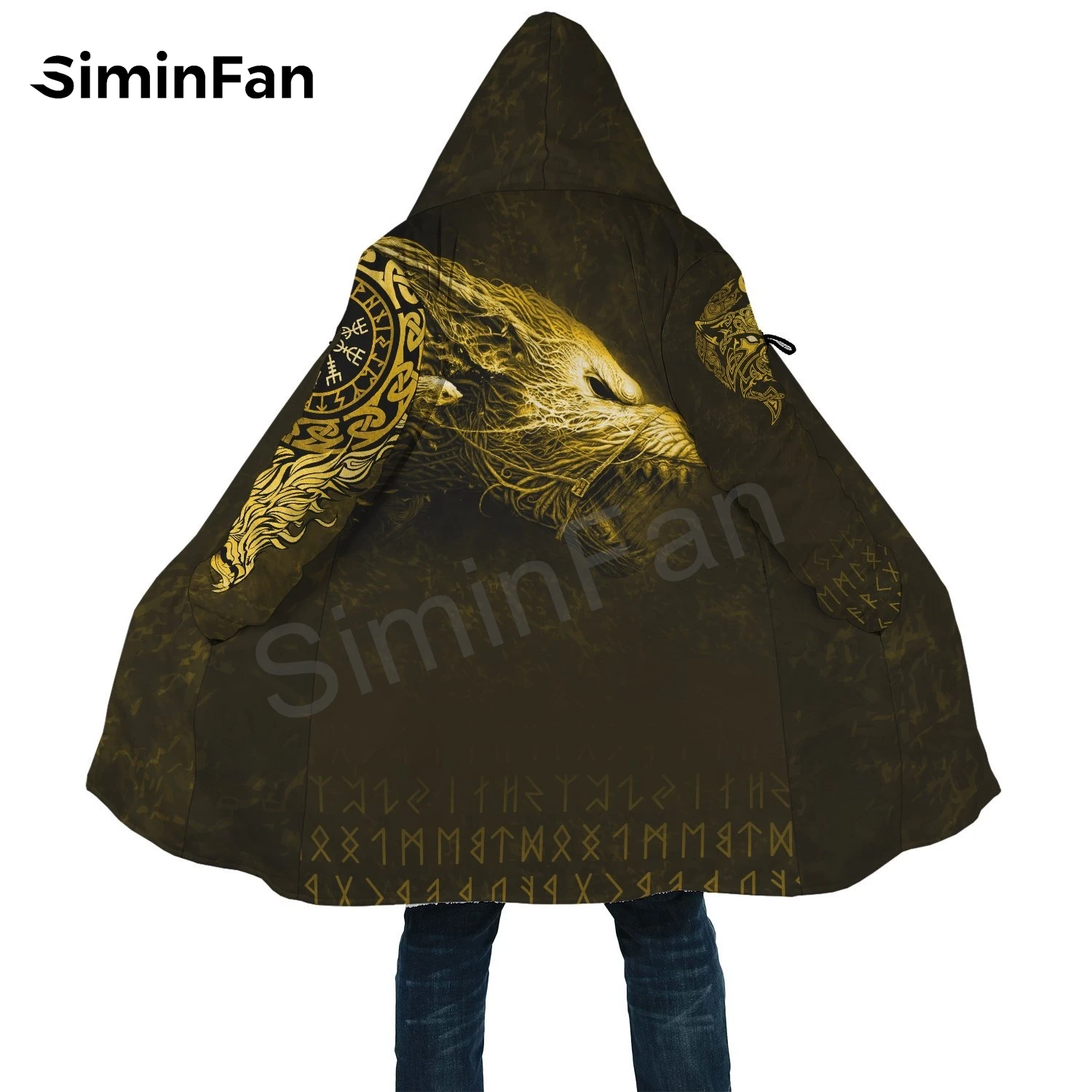 Мужская зимняя теплая фланелевая куртка с капюшоном и 3D-принтом викингов Fenrir Wolf