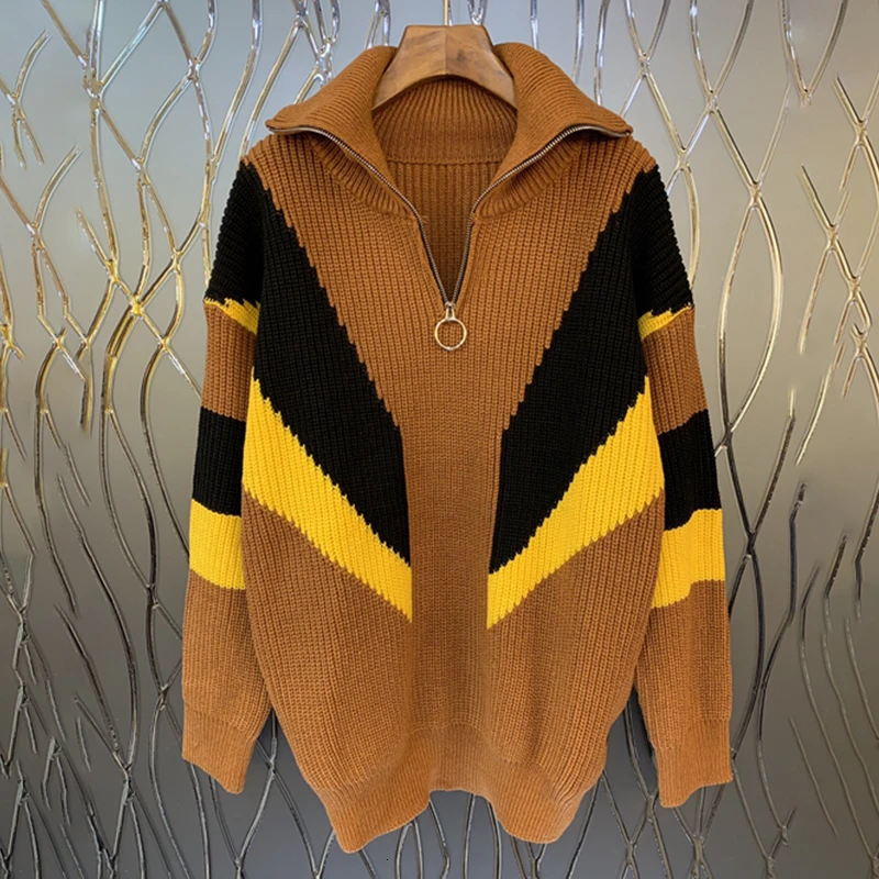 TWOTWINSTYLE полосатый хит цвет вязаный свитер для женщин воротник с лацканами на