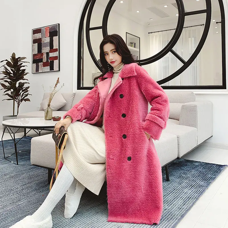 Женское осенне-зимнее длинное пальто из натурального меха ягненка Женская