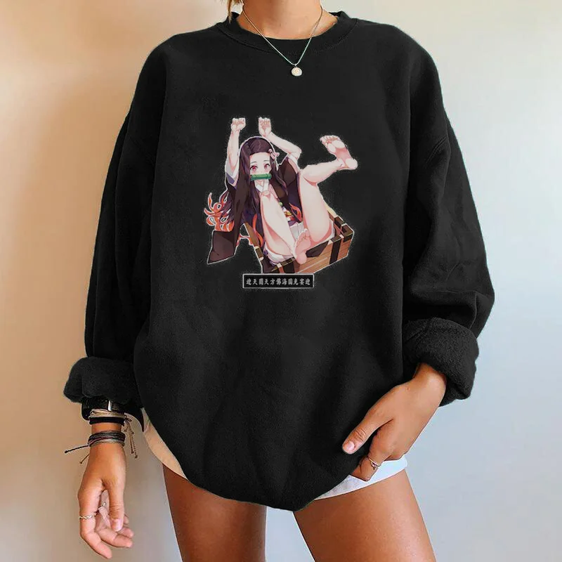 

Seeyoushy Cool Anime Demon Slayer Printing Women Sweatshirts Long Sleeve Drop-Shoulder Top Casual Fashion Kawaii Gifts Pullovers