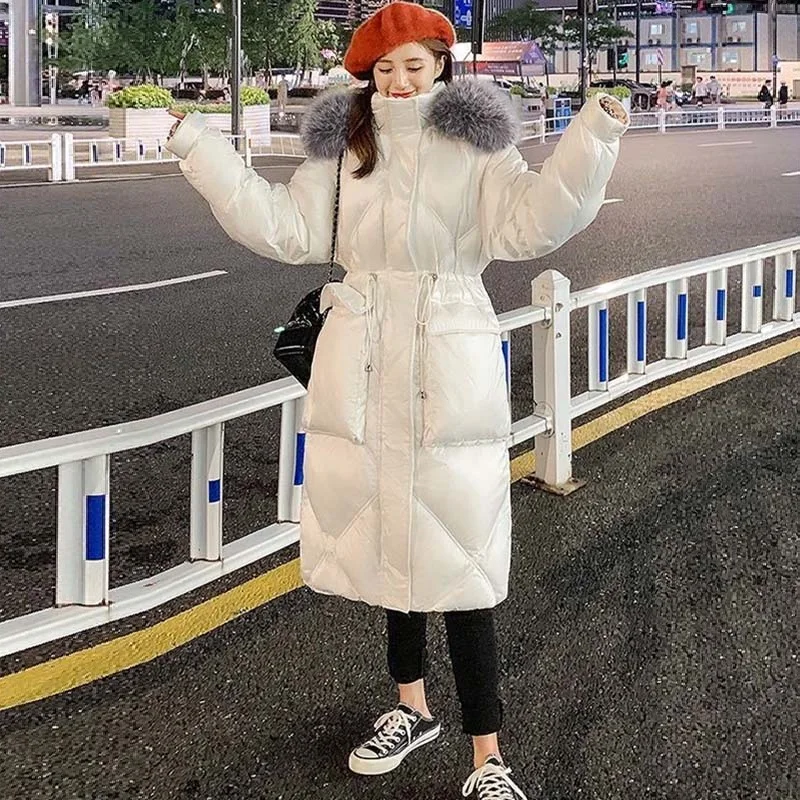 Woman Diamond Lattice Long Jacket Thicken Down Parka Women Winter Warm Faux fur collar Hooded Slim Long Cotton Padded Outerwear