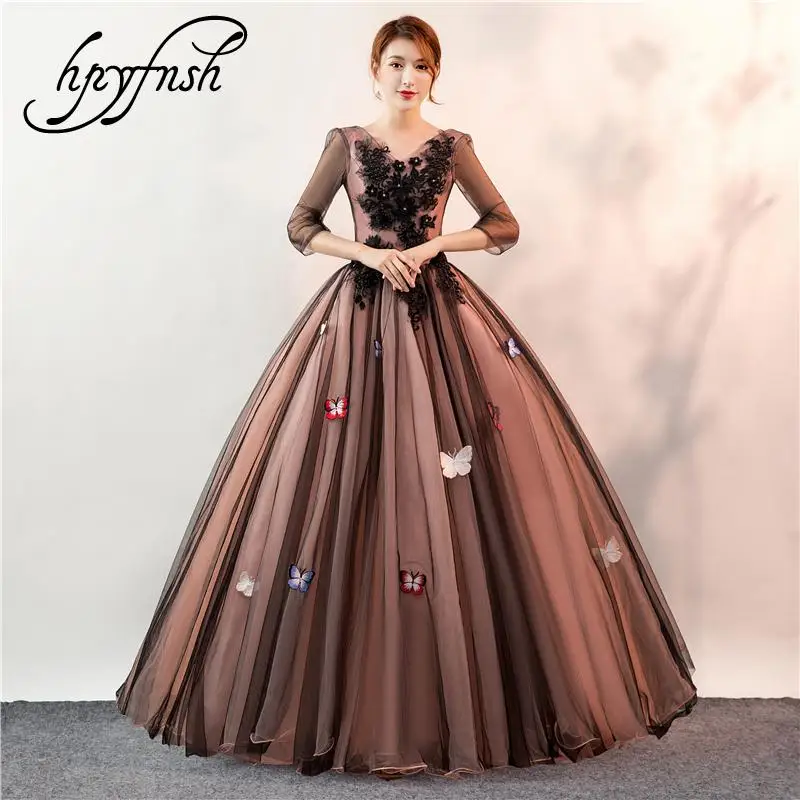 

Three Quarter Tulle Quinceanera Dresses Lace V-Neck 3D flowers Appliques Elegant Ball Gown Sweet 16 Years Dress Vestidos 15 Anos