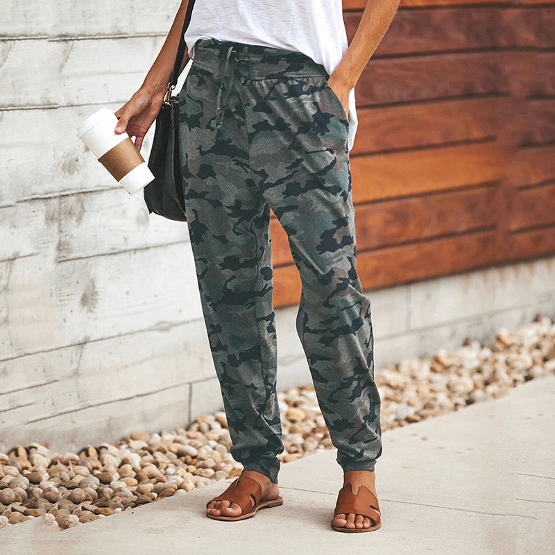 Высокая талия брюки свободные шаровары Хип хоп женские длинные Drawstring камуфляж