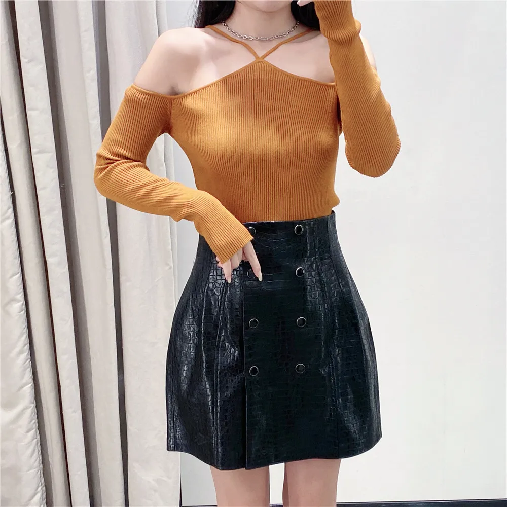 

New Women vintage High Waist A-line PU Leather mini skirt faldas mujer ladies double breasted casual vestidos chic skirts Button
