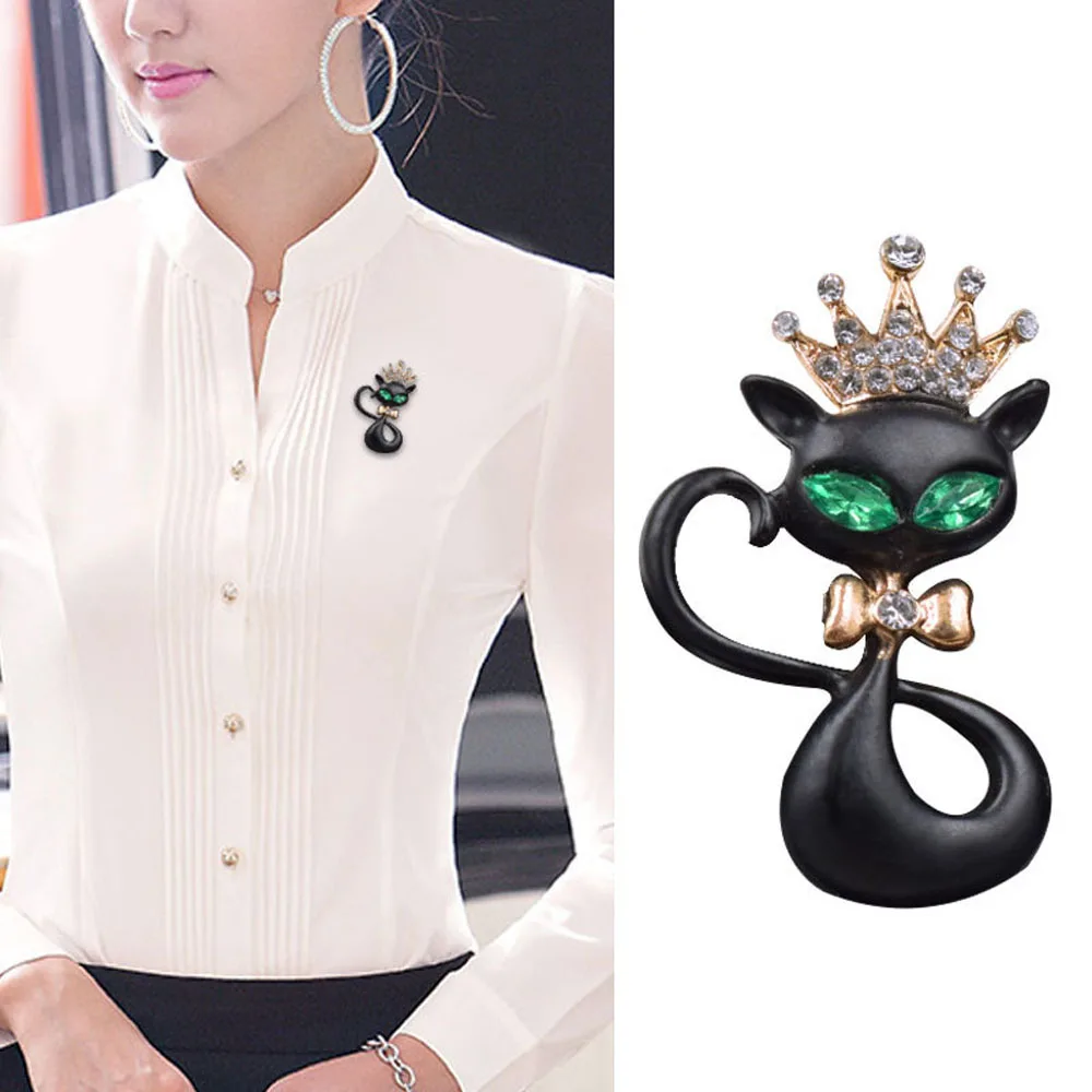 Броши-кошки унисекс с черной эмалью и зелеными глазами симпатичная брошь в виде