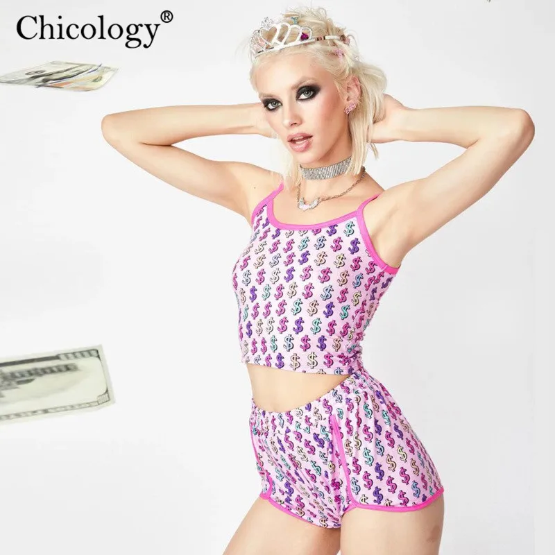 Chicology$ с принтом доллара укороченный майки Топ волчки с высокой талией короткое короткие женские 2 комплект из двух предметов летнее летний лето сексуальные женское одежда Клубная одежда