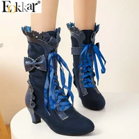 eokkar 2021 lolita boots for women kitten heel ankle boots lolita shoes cute women shoes winter boots lace up sweet ankle boots