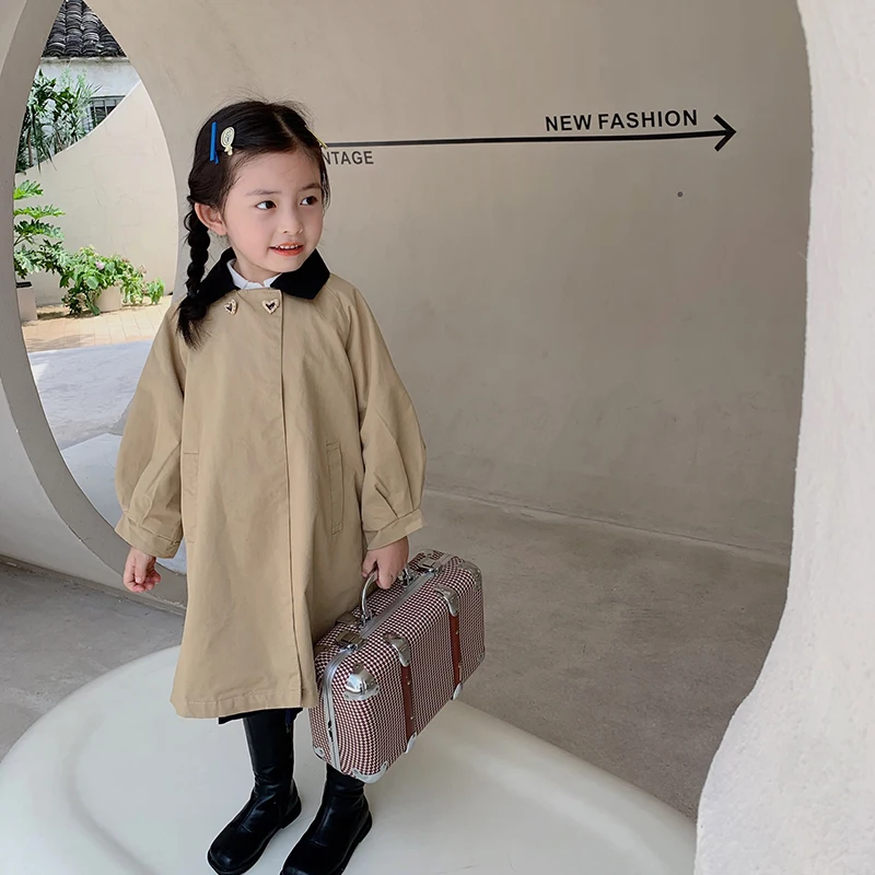 

MILA CHOU 2021 Autumn Girl's Khaki Trench Coat Kids Elegant Long-sleeve Mid-length Loose Windbreaker Chiidren Outwear2-8Y