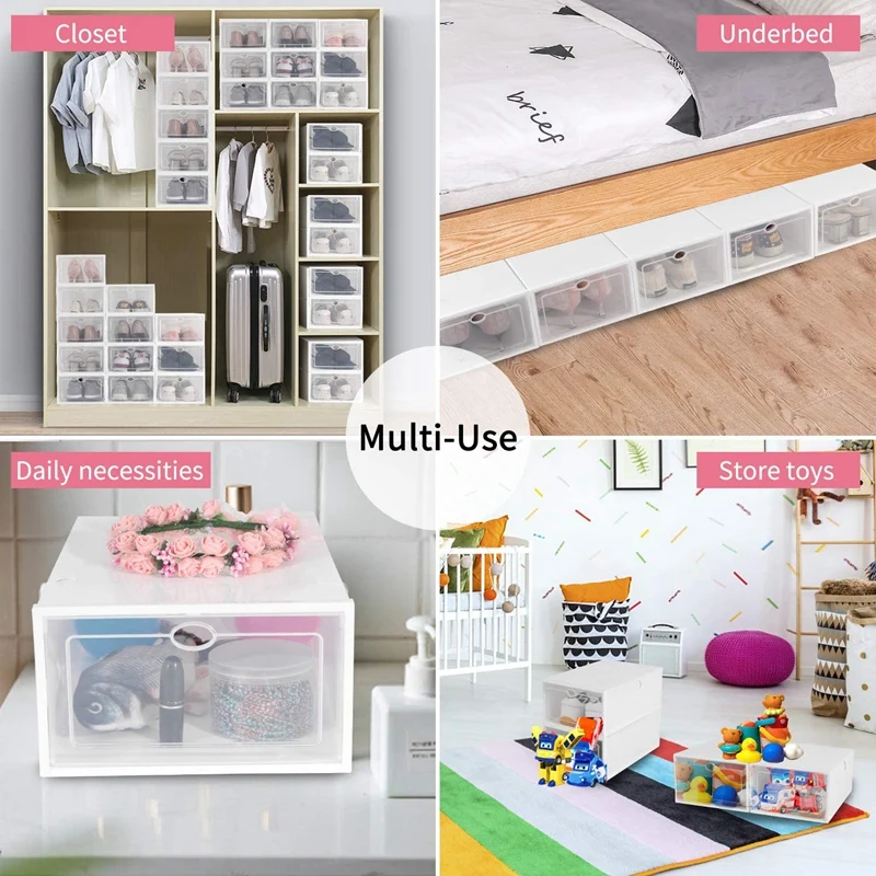 

Stackable Shoe Storage Box, Foldable Clear Plastic Shoe Organizer 12 Pack, Need to Be embled (White)