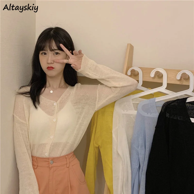 

Cardigan Women Thin Knitting Solid Female V-neck Single Breasted 4-Colors Basic Simple Sweet All-match Long Sleeve Casual Cute