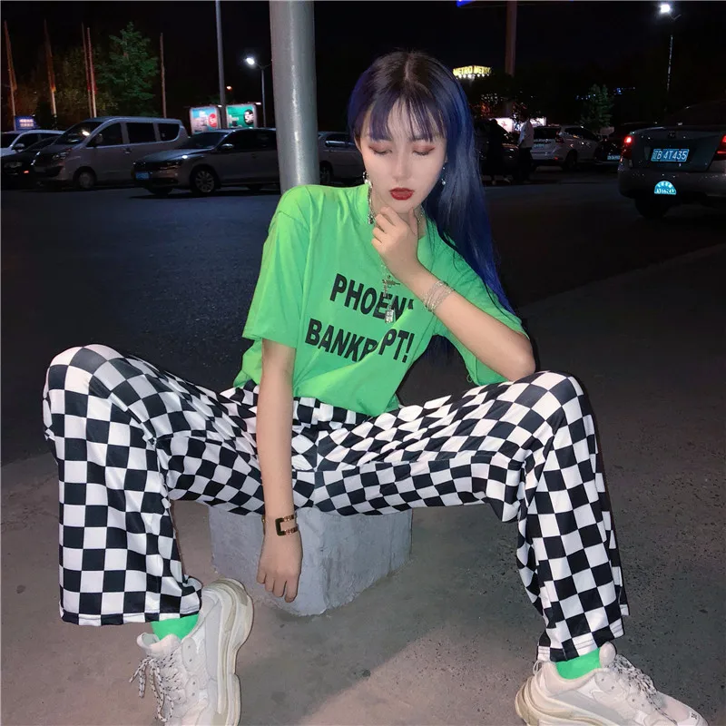 Женские винтажные брюки GOTH GIRL Harajuku черные белые клетчатые с высокой талией