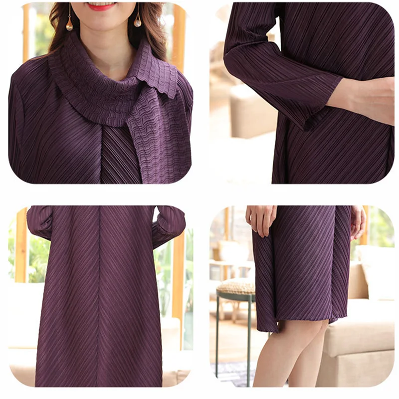 

French plus size dress female summer 2021 loose fashion and comfortable Miyake pleated plus size scarf collar knee-length dress