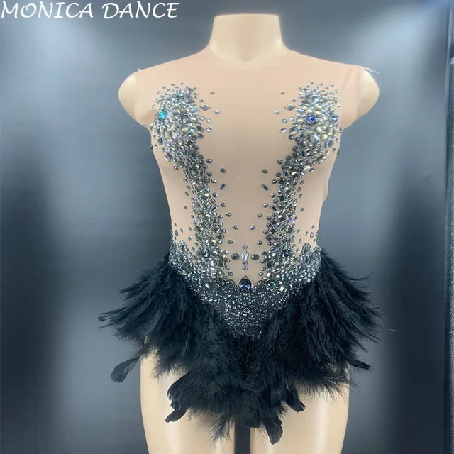 Women Sexy Stage Black Rhinestones Feather Bodysuit Transparent Costume Outfit Party Wear Female Singer Dance Stage Leotard 1