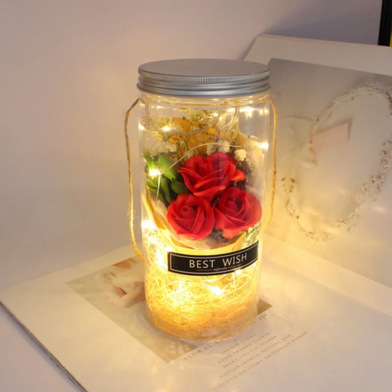 

Soap Rose Flower Bouquet LED Light String In Bottle With Hanging Rope Valentine's Wedding Anniversary Birthday Gift Home New29