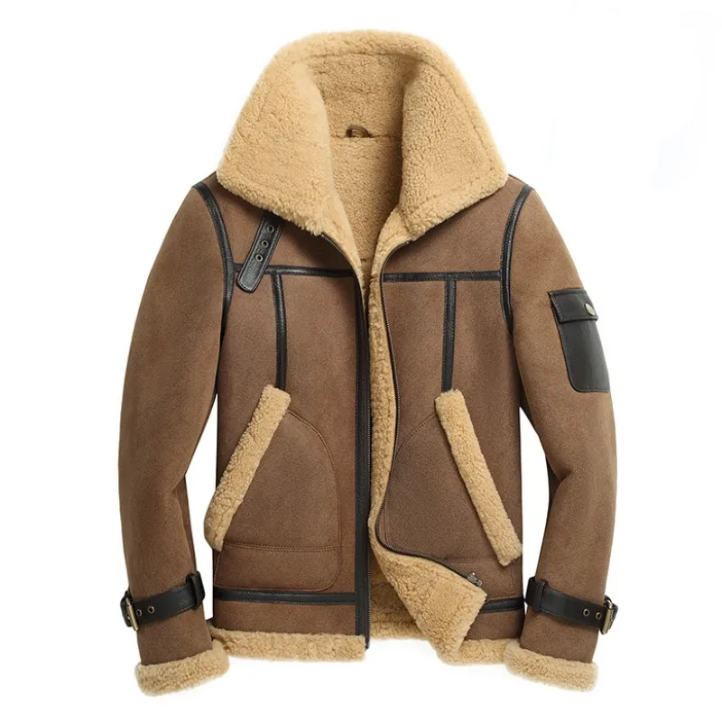 

Brand Mens Genuine Leather Sheepskin Coat Winter Warm Thicken Real Fur Wool Liner Bomber Jacket Vintage Biker Shearling Coats