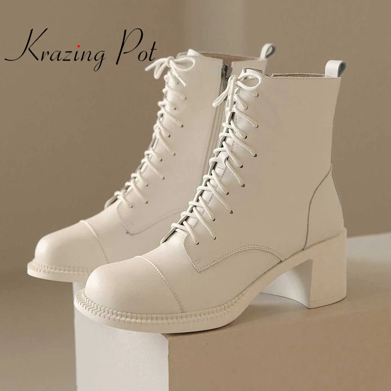 

krazing pot superstar recommend big size cow split leather round toe high heels office lady daily wear fashion ankle boots L53
