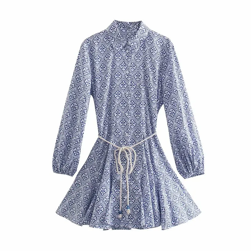 

2021 Blue Print Belt Shirt Dress Women Elegant Long Sleeve Summer Mini Dresses Female Fashion Flounced Hem