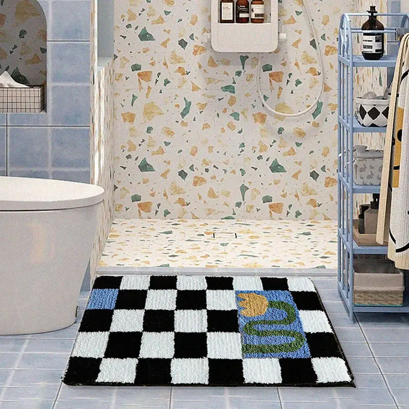 retro chessboard plaid bath mats fluffy grids bathmat soft floral bathroom rug bedside carpet home decor floor mat anti slip pad free global shipping