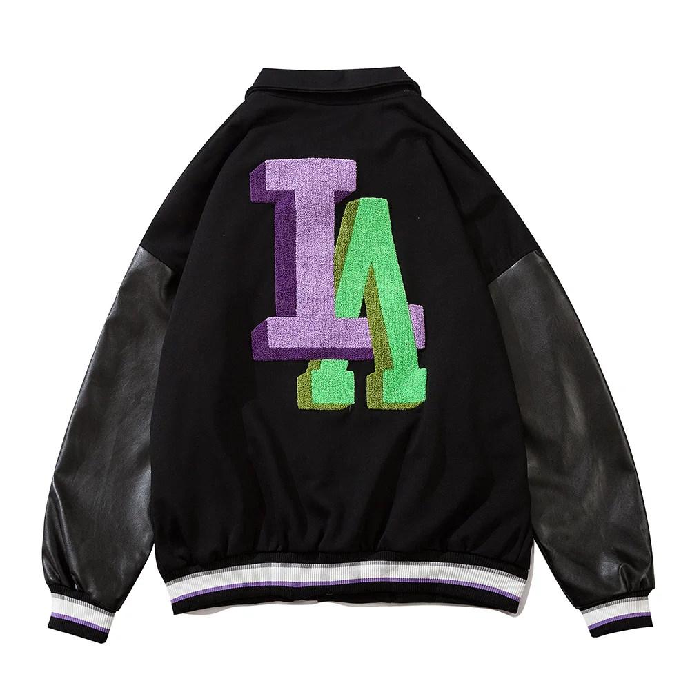 

Letter Embroidery Sleeve PU Jacket Mens Autumn Casual Contrast Paneled Baseball Jacket Streetwear Loose Outerwear Men