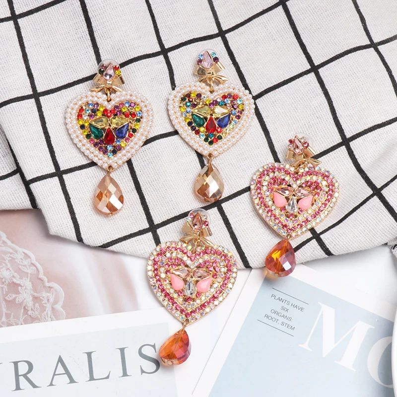 juran 2022 brand hot colorful crystal heart shaped drop dangle earrings for women charm maxi statement pendant earrings jewelry free global shipping