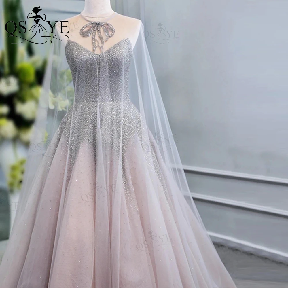 QSYYE High Quality Luxury Beads Prom Dresses Silver Beading Long A Line Gown Evening Party Dress With Tulle Shawl