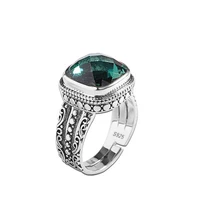 women 925 sterling silver natural stone green crystal emerald ring carved vintage ethnic thai silver craft jewelry
