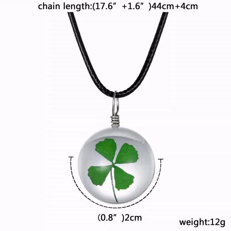 Четырехлистный Зеленый Клевер счастливое ожерелье сушеные цветы шар кулон