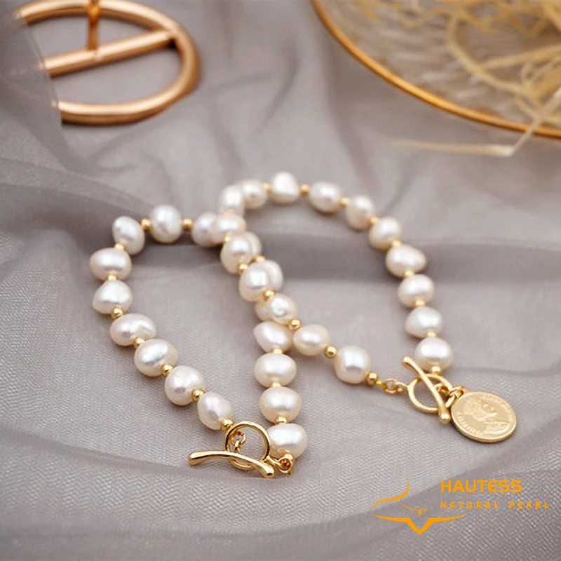 

Hantess18K Gold Filled Bracelet Natural Freshwater Pearl Charm Bracelet Women Cold Style Bestie Sister Hand String Wedding