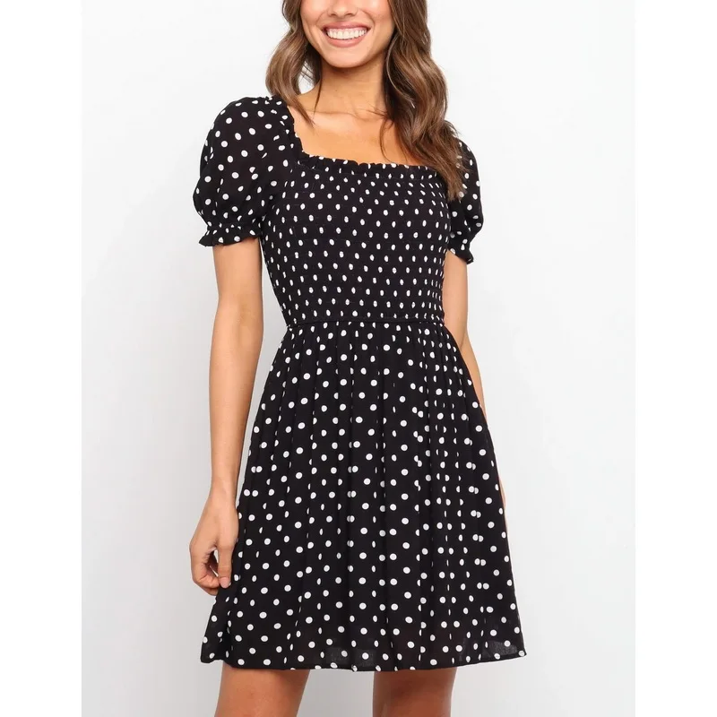 

Women's Classic Summer Vintage Fashion Polka Dot Print Bubble Short Sleeve Square Stretch High Waist Bodycon Mini Dress Party