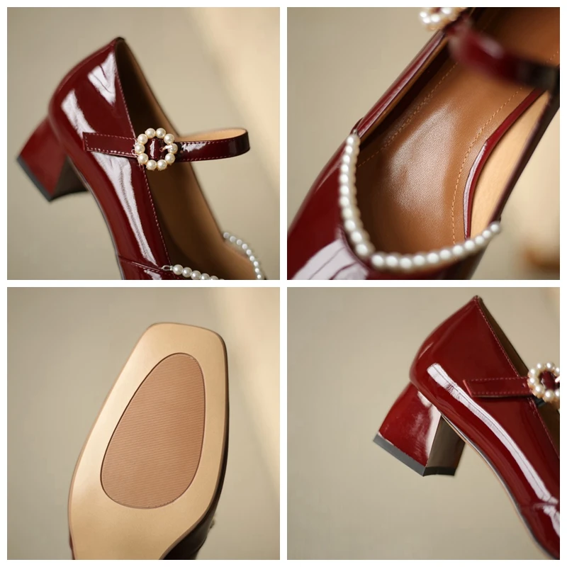 

ORCHA LISA New 2021 Ladies Pumps Square Toe 4.5cm Block Heels Patent Leather Buckle Soft Pearl Elegant Mary Jane Summer A3436