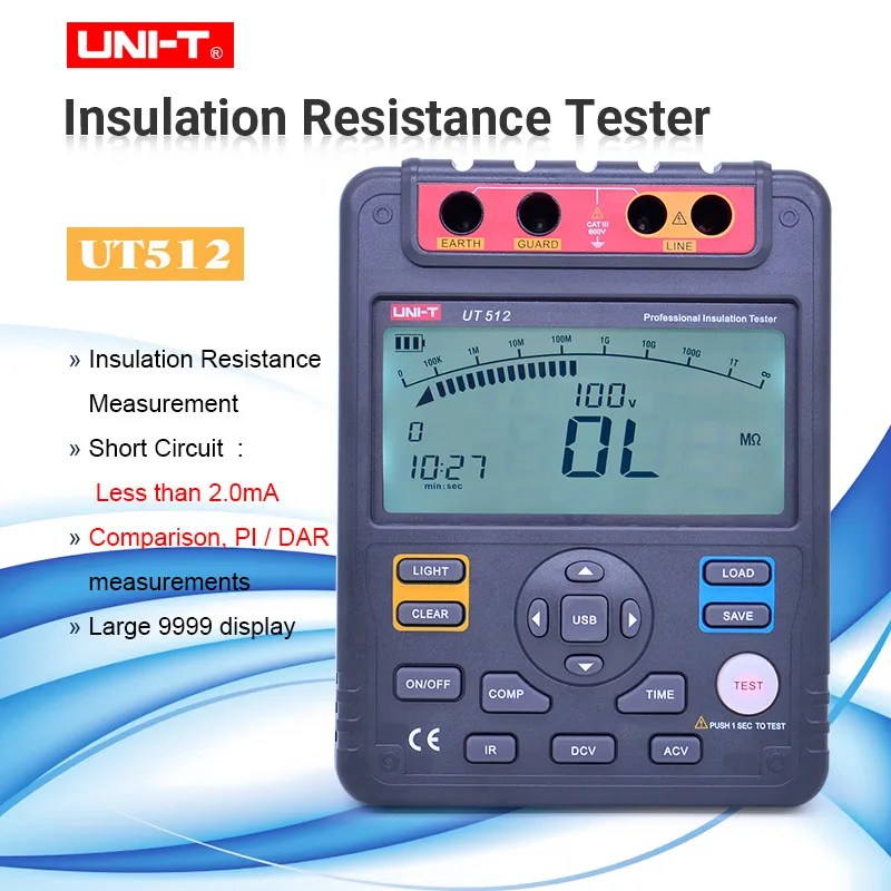 

UNI-T UT512 Insulation Resistance Tester 2500V Automatic Range Digital Megohmmeter Data Storage Polarization Index LCD Backlight