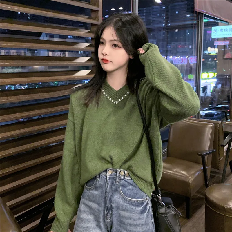 

Женский осенний свитер с v-образным вырезом и длинным рукавом, Свободный вязаный пуловер, повседневный женский Зимний пуловер в стиле пэчво...