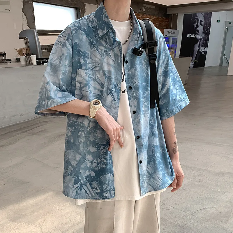 Мужская рубашка с коротким рукавом однобортная Свободная Повседневная оверсайз