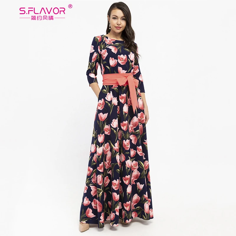 S. FLAVOR весеннее Модное Длинное платье для женщин Элегантные Вечерние Платья с цветочным принтом женские повседневные платья с круглым вырезом