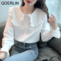 qoerlin doll collar white shirt women 2022 new french retro fare sleeves blouse korean fashion tops buttons shirts sweet elegant